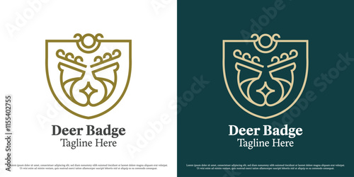 Deer hunter badge logo design illustration. Silhouette of deer head with antlers wildlife buck antelope fawn fauna badge emblem. Simple minimal linear geometric elegant luxury crest guard icon symbol.