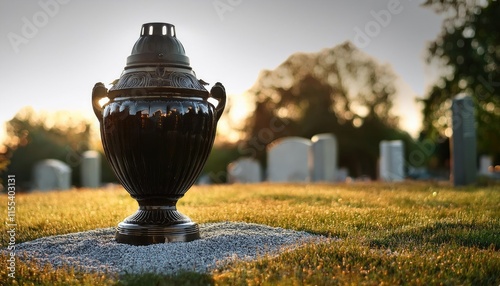 An urn with ashes stands in the cemetery. Funeral arrangements photo