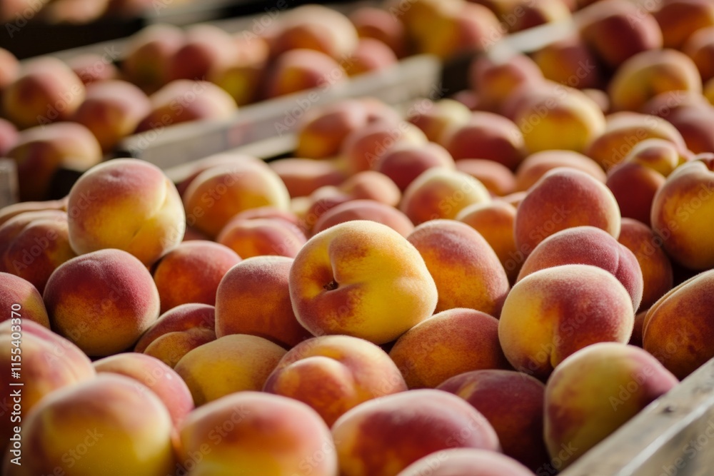 Vibrant, ripe peaches are neatly arranged in wooden crates at a local farmer's market, exuding a sense of freshness and summer harvest abundance. Vibrant, ripe peaches are neatly arranged in wooden crates at a local farmer's market, exuding a sense of freshness and summer harvest abundance.