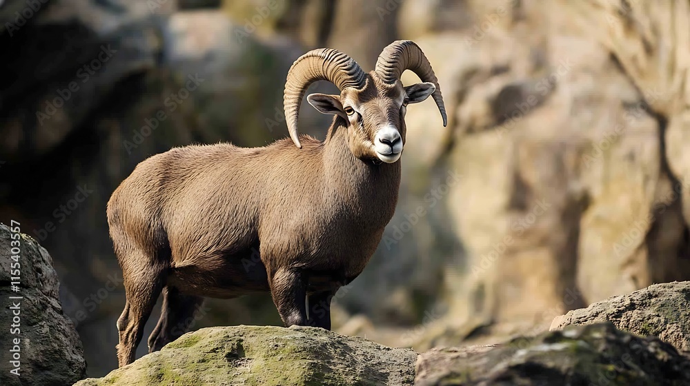 Majestic wild ram with large curved horns standing on rocky terrain in natural habitat : Generative AI Majestic wild ram with large curved horns standing on rocky terrain in natural habitat : Generative AI