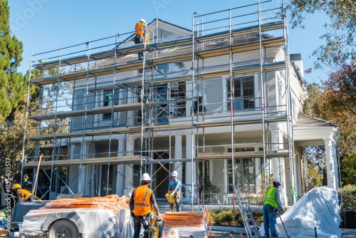 A large house surrounded by scaffolding as workers engage in renovation work, highlighting the process of restoration and construction in a residential environment. photo