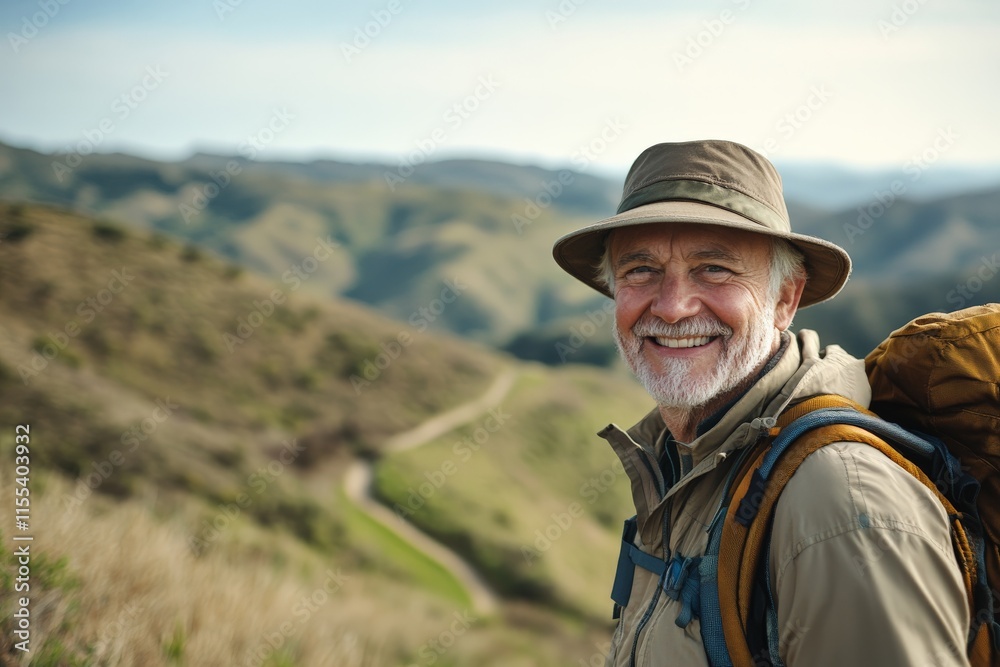 A joyful senior hiker with a sun hat and backpack enjoys a picturesque mountain hike, smiling against the vast, rolling hills under a crisp, clear sky. A joyful senior hiker with a sun hat and backpack enjoys a picturesque mountain hike, smiling against the vast, rolling hills under a crisp, clear sky.