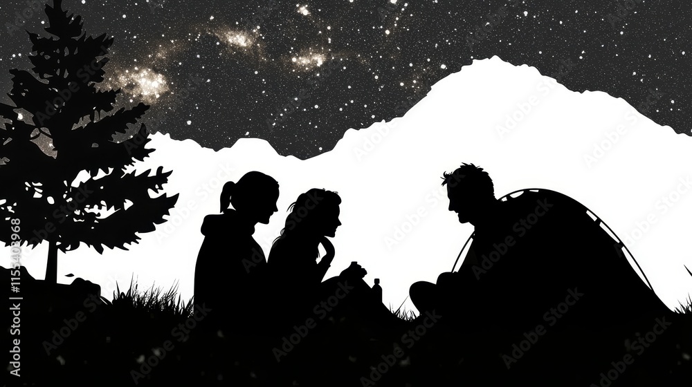 Obraz premium Couple Enjoying a Quiet Evening by Their Tent Under a Starry Sky