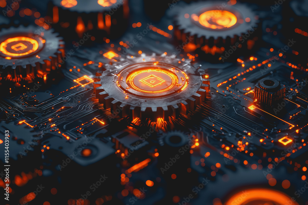 Intricate Close Up of a Computer Chip Merging with a Mechanical Gear Wheel Showcasing Advanced Technology and Engineering Precision in a Modern Digital Environment Intricate Close Up of a Computer Chip Merging with a Mechanical Gear Wheel Showcasing Advanced Technology and Engineering Precision in a Modern Digital Environment