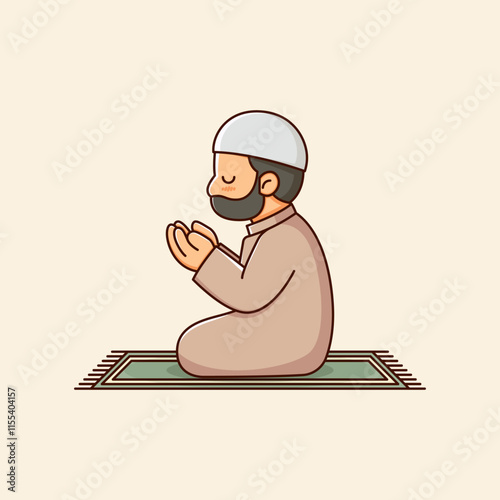 Simple Bold Islamic Illustration of Devout Man Praying on Rug