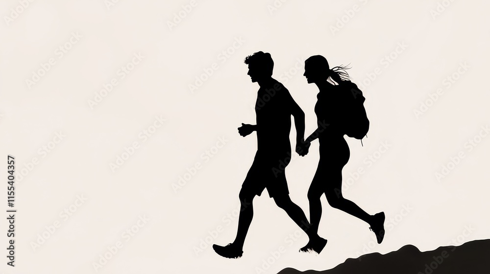 Obraz premium Silhouetted Couple Jogging Hand in Hand Along Beach at Sunset