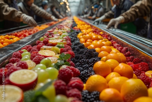 A vivid array of various fruits including oranges and berries traveling steadily on a factory conveyor, representing efficiency, variety, and freshness in food processing. photo