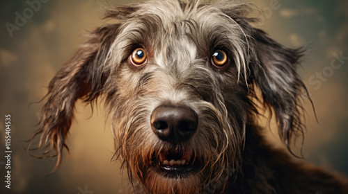 Irish Wolfhound with expressive amber eyes, a scruffy coat, and a startled expression that captures personality and charm, set against a soft neutral background