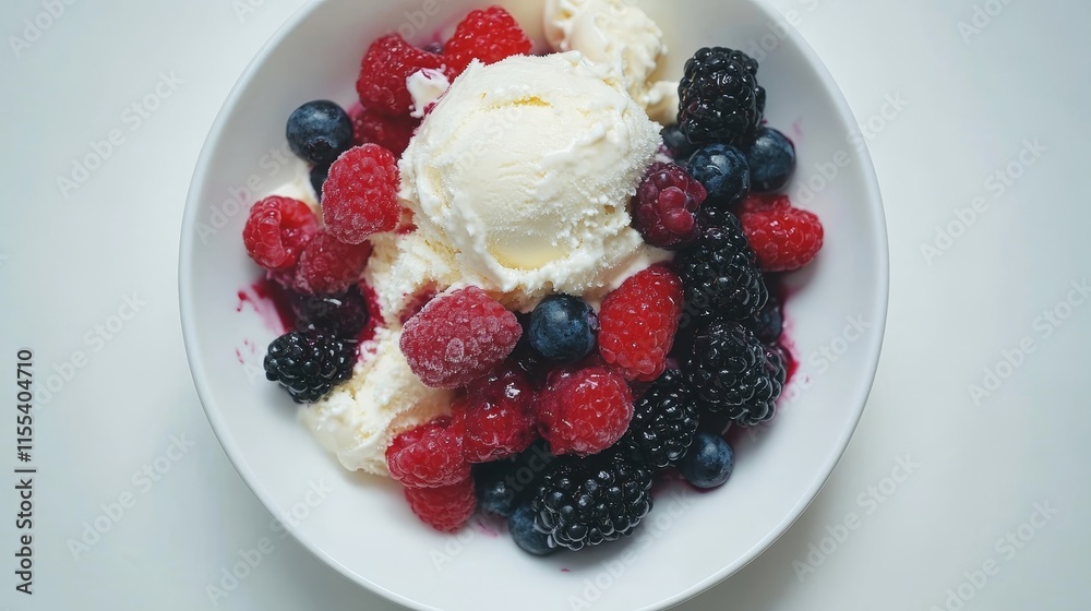 Vanilla Ice Cream with Berry Compote - Sweet vanilla ice cream topped with a mix of fresh raspberries, blackberries, and blueberries, creating a delightful summer dessert. Symbolizing freshness, swee Vanilla Ice Cream with Berry Compote - Sweet vanilla ice cream topped with a mix of fresh raspberries, blackberries, and blueberries, creating a delightful summer dessert. Symbolizing freshness, swee