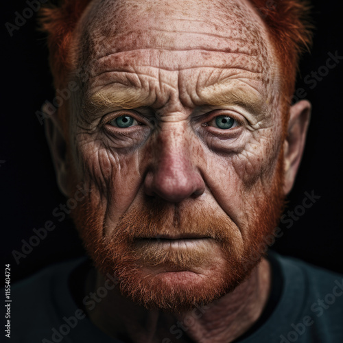 portrait of an elderly man with vibrant red hair and beard, piercing blue eyes, and weathered skin etched with deep wrinkles, exuding wisdom, emotion, and raw human resilience