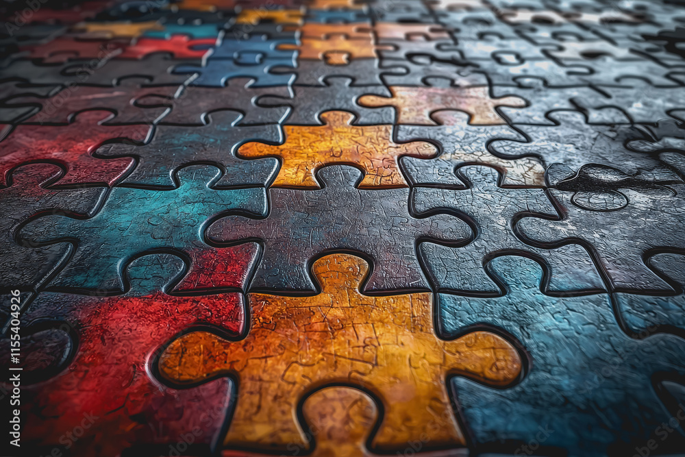 Intricate Close Up of a Single Puzzle Piece Showcasing Unique Shapes and Colors in a Thoughtful Composition Representing Problem Solving and the Joy of Completing Challenges