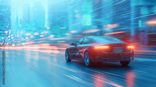 Futuristic electric car speeds through vibrant cityscape, showcasing innovative automotive technology and eco-friendly design for modern urban travel.