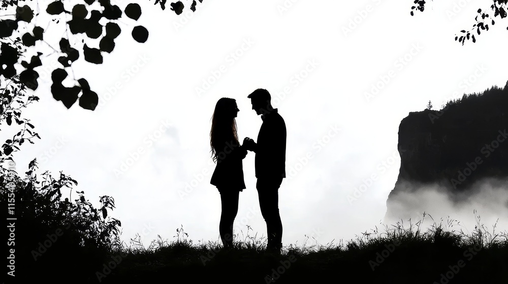 Scenic Mountain Overlook at Sunrise with Couple Silhouette in Natural Landscape Scenic Mountain Overlook at Sunrise with Couple Silhouette in Natural Landscape