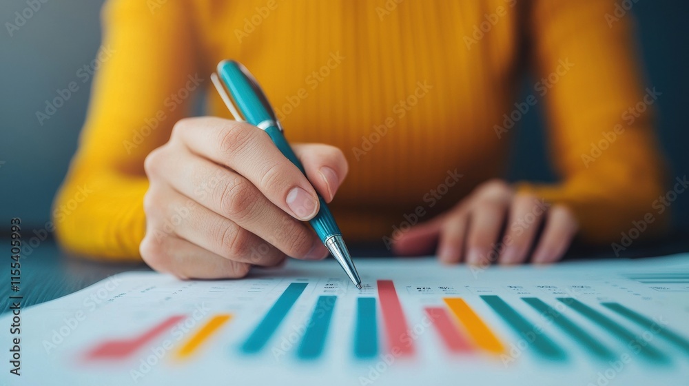 Businesswoman examining colorful bar graph on paper using pen, concept of business analysis and data visualization Businesswoman examining colorful bar graph on paper using pen, concept of business analysis and data visualization