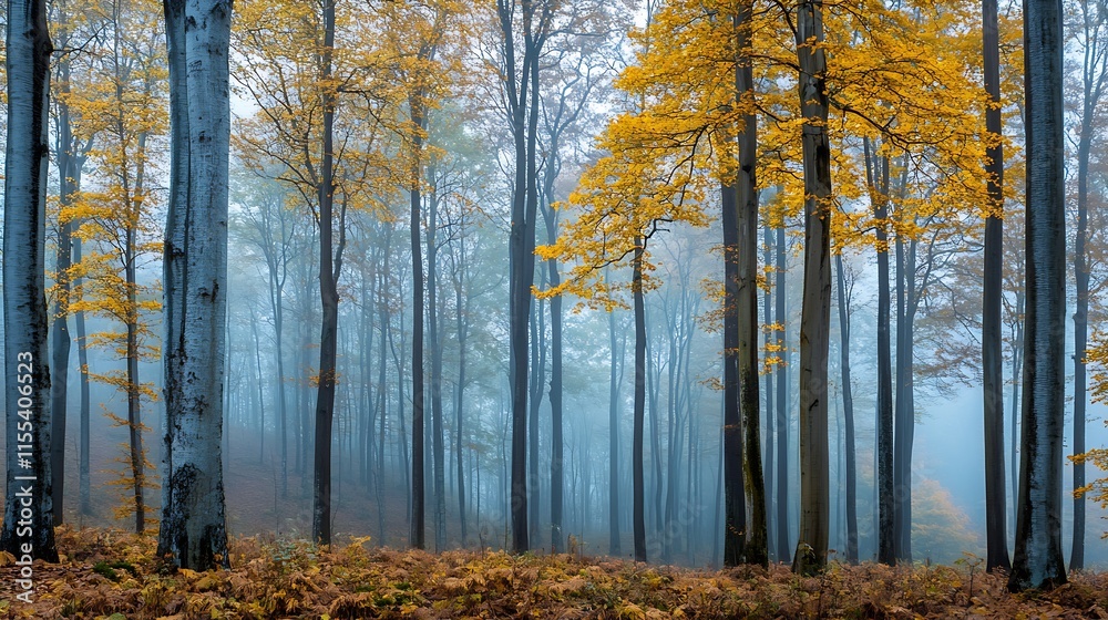 Fototapeta premium Misty autumn forest with blue fog and vibrant golden leaves create a mystical natural setting : Generative AI