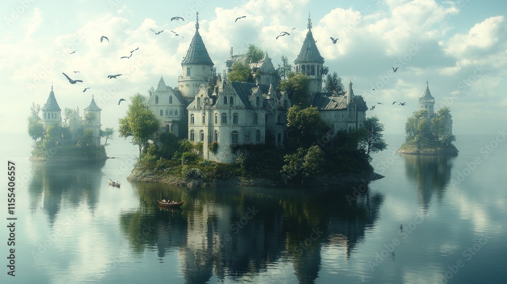 Fototapeta premium A serene island with a grand castle, surrounded by water and birds, reflecting tranquility.