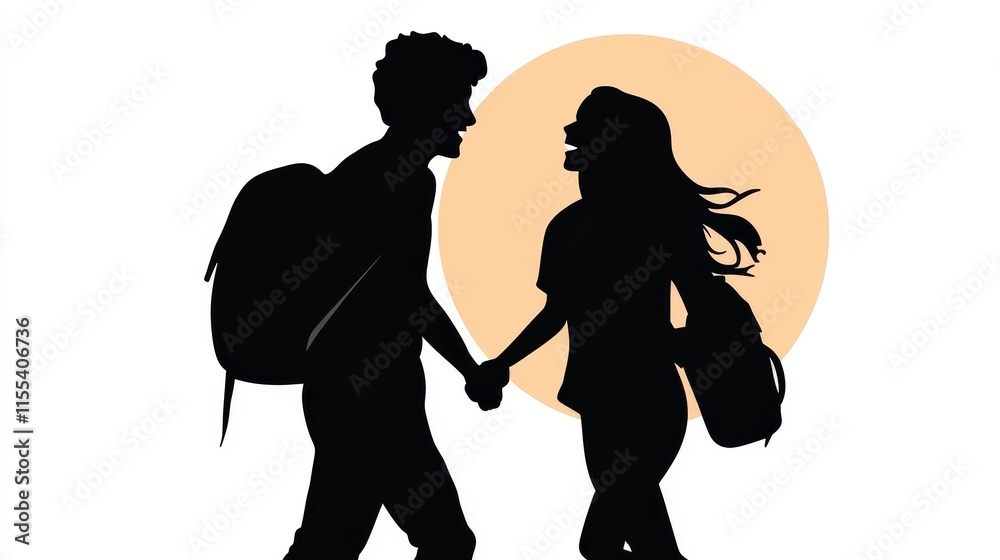 Romantic Beach Walk at Sunset Featuring a Couple in Silhouette