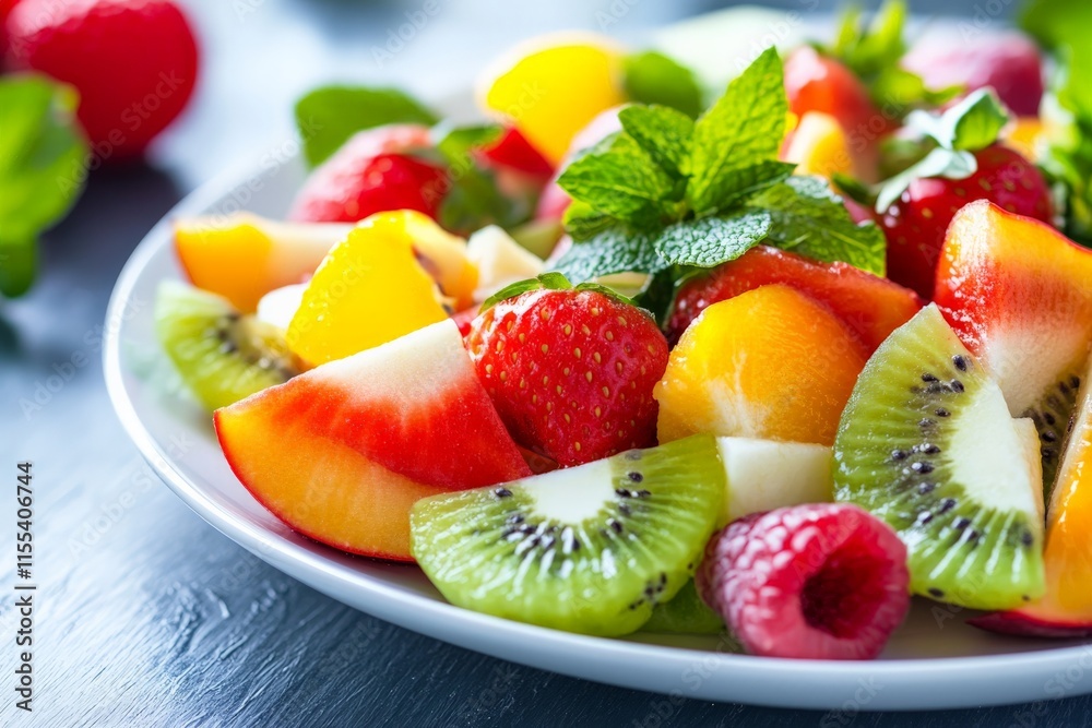 A refreshing fruit salad featuring a variety of diced fruits including kiwi, strawberries, and melon, all garnished with fresh mint leaves for added zest. A refreshing fruit salad featuring a variety of diced fruits including kiwi, strawberries, and melon, all garnished with fresh mint leaves for added zest.
