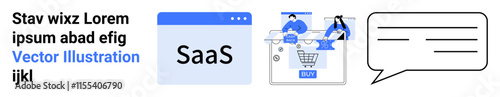 SaaS logo in browser, two people shopping online with shopping cart and buy button, text message icon. Ideal for digital marketing, e-commerce, customer engagement, sales optimization, online