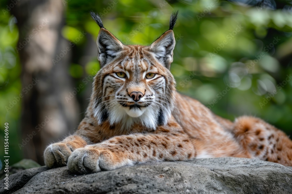 Eurasian lynx lying on a rock in a forest, displaying its characteristic tufted ears and spotted fur Eurasian lynx lying on a rock in a forest, displaying its characteristic tufted ears and spotted fur