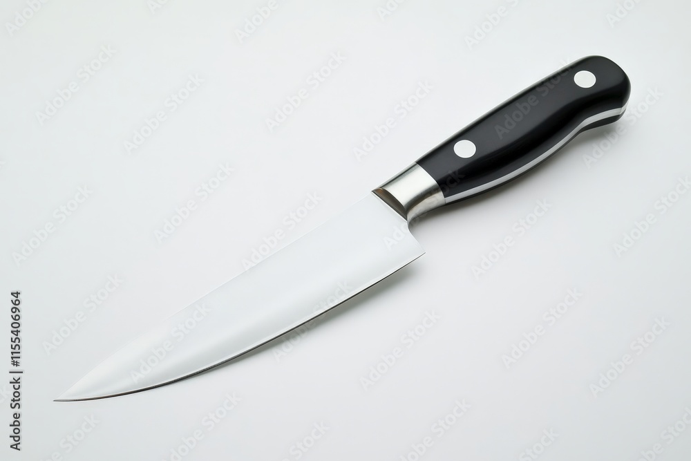 A sleek, sharp kitchen knife displayed on a plain white background, representing precision, functionality, and essential culinary tools used in modern kitchens. A sleek, sharp kitchen knife displayed on a plain white background, representing precision, functionality, and essential culinary tools used in modern kitchens.