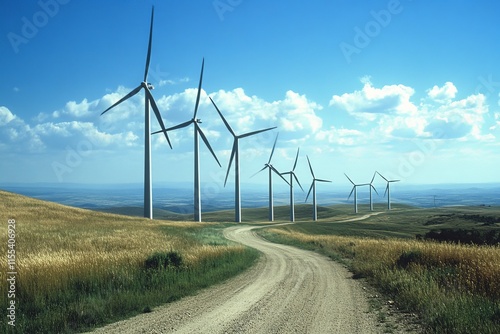 An array of towering wind turbines stands majestically in a vast, open field under a clear blue sky, exemplifying green energy and sustainable technology in harmony. photo