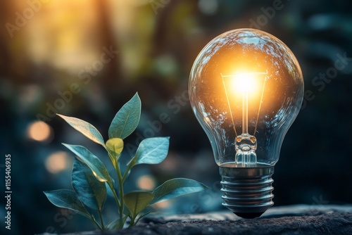 A glowing light bulb sits on a tree trunk amidst a natural setting, symbolizing innovation, bright ideas, and the intersection of technology with nature's harmony. photo