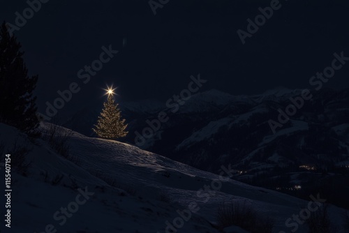 Lone Christmas tree adorned with lights atop a snow-covered hill, beautifully illuminated against a backdrop of snow-capped mountains under a dark night sky. photo