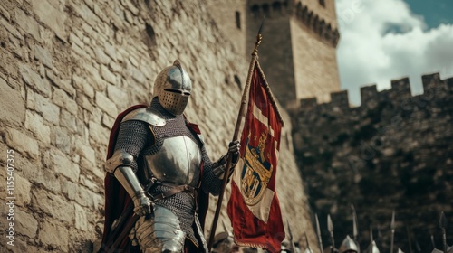 A brave knight stands proudly with his flag against a castle backdrop. The ornate armor reflects a rich history. This scene captures the essence of medieval valor. Generative AI