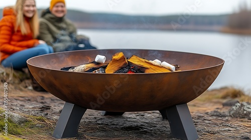 Two women roasting marshmallows on a fire pit by a lake. photo