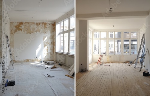 Before & after room renovation showing damaged walls, flooring, and the finished, painted space with new wooden floors.