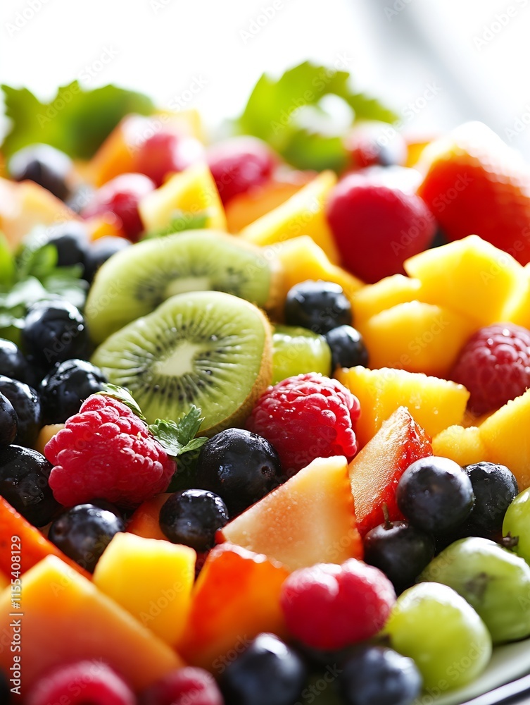 Vibrant fresh mixed fruit salad with colorful berries kiwi and citrus on white dish for healthy snack : Generative AI Vibrant fresh mixed fruit salad with colorful berries kiwi and citrus on white dish for healthy snack : Generative AI