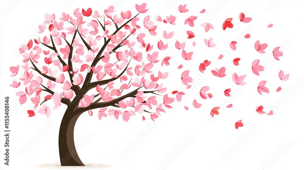 Fototapeta premium Vibrant Cherry Blossom Tree with Petals Floating in a Gentle Breeze