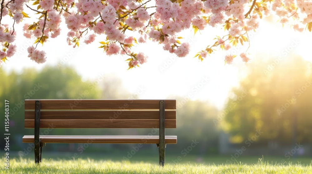 Rustic Bench Under Pink Cherry Blossom Tree in Serene Nature Setting at Sunset Rustic Bench Under Pink Cherry Blossom Tree in Serene Nature Setting at Sunset