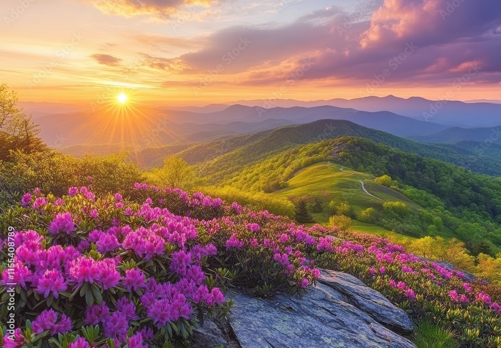 Obraz premium Breathtaking Sunrise Over Rolling Hills of Vibrant Pink Flowers in a Scenic Mountain Landscape During the Stunning Golden Hour of Early Morning