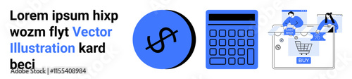 Dollar sign coin, calculator, users interacting with shopping cart button. Ideal for finance, e-commerce, budgeting, digital transactions, financial apps, online shopping marketing presentations