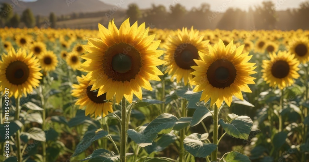 Fototapeta premium Vibrant sunflowers in a summer field, golden petals basking in sunlight , green, countryside, august