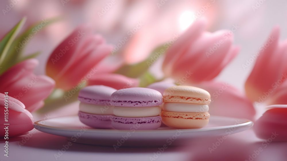 Delicious macarons surrounded by tulips spring delight food photography soft focus Delicious macarons surrounded by tulips spring delight food photography soft focus
