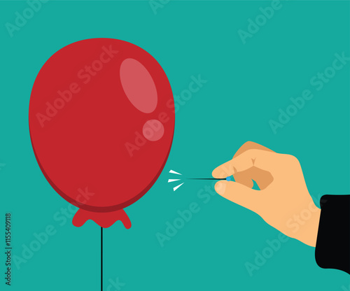 Hand of Business Man Popping a Balloon with Needle. Business ideas and topics concept vector art