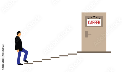 Business Man Walking up the Career Steps. Work and building careers concept vector art. People and activities