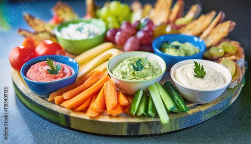 appetizer and finger food concept. Colorful Snack Tray with Fresh Foods and Dips
