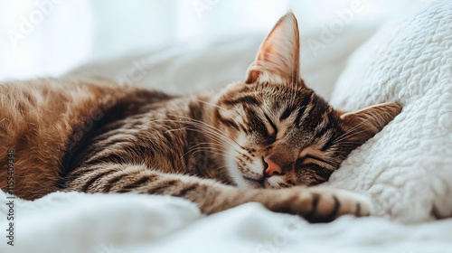 Sleeping cat on cozy bed indoor home animal photography calm environment close-up view