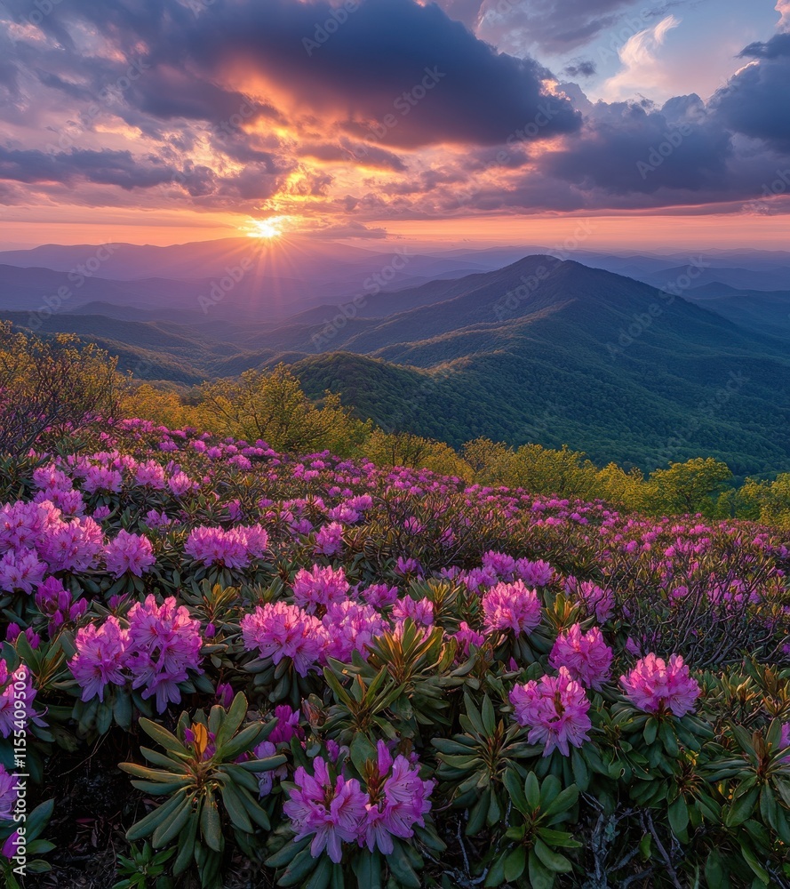 Breathtaking Sunset Over Mountain Range Surrounded by Vibrant Pink Rhododendron Flowers and Lush Green Trees in the Great Smoky Mountains Breathtaking Sunset Over Mountain Range Surrounded by Vibrant Pink Rhododendron Flowers and Lush Green Trees in the Great Smoky Mountains