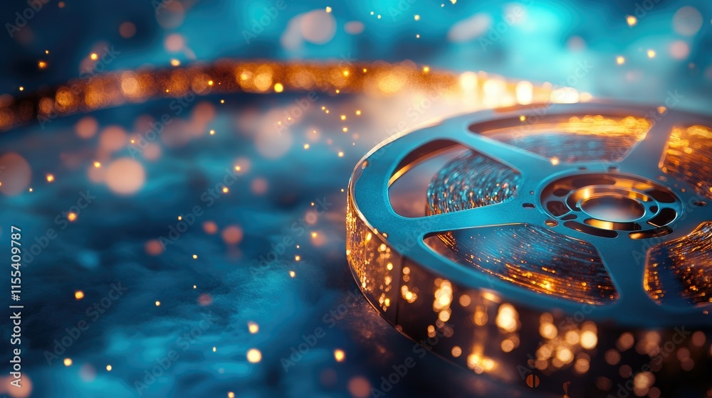 Fototapeta premium A glowing film reel with sparkles scattered around, blending into a tranquil misty blue environment.