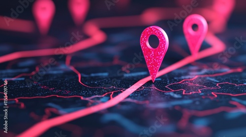 Pink location pins marking a glowing red roadmap on a futuristic digital map, representing planning, navigation, and progress