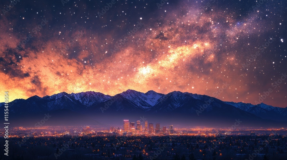 Fototapeta premium A glowing urban skyline under a radiant night sky, with distant mountains enhancing the dramatic view.