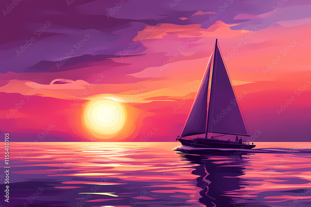 Fototapeta premium Tranquil purple sunset with sailboat reflecting on calm sea