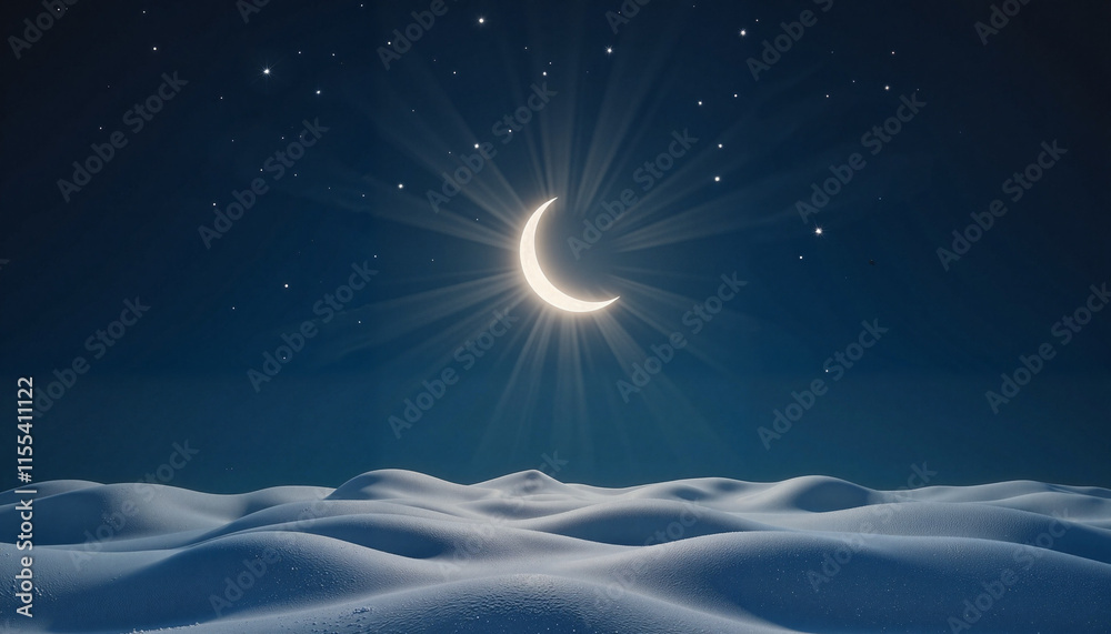 Fototapeta premium Good crescent moon shining over snowy dunes at night
