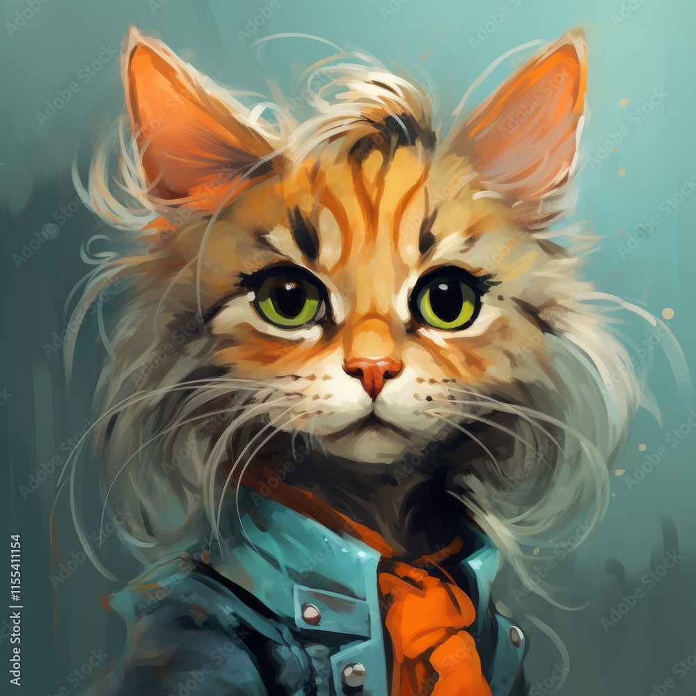 Fototapeta premium A stunning cartoon-style cat with long, flowing fur, vibrant green eyes, and a confident expression. The cat is dressed in a blue jacket with an orange scarf, exuding elegance and charm.