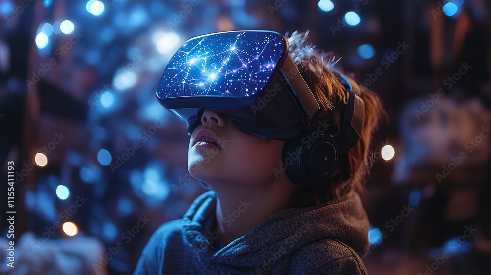 Preteen exploring virtual reality in an immersive setting with glowing lights at night Preteen exploring virtual reality in an immersive setting with glowing lights at night